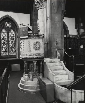 Interior detailed view of St Peter's Church showing the pulpit.