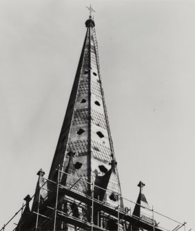Detailed view of St Peter's Church steeple seen from the West.