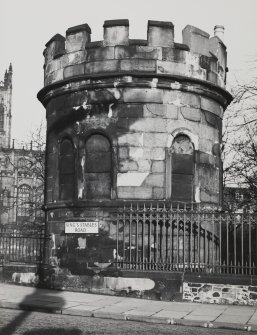 View from South of watchtower in St Cuthbert's Churchyard.