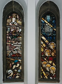 Detail of stained glass in North aisle by Guthrie and Wells c.1927 depicting praise of creation, from the psalms