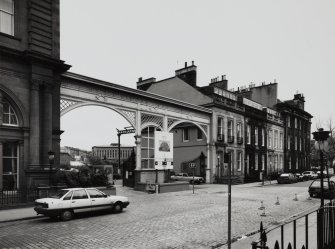 View of station gates onto Rutland Street, from north