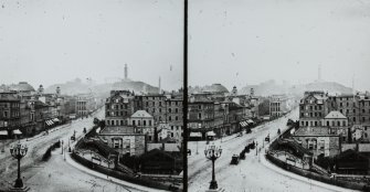 NMRS survey of Private Collections.  Stereoscopic view of Edinburgh,  Princes Street, showing the future North British Hotel Site and the entrance to Waverley Station.  Looking East to Calton Hill.
Copied from an original plate by Thomas Begbie taken in c.1860.