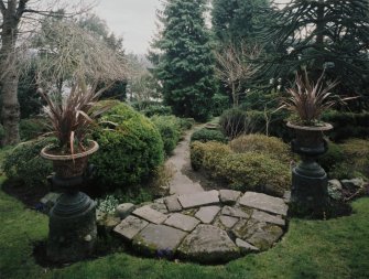 View of urns flanking steps