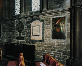 Interior.
View of wall mounted memorial plaques, including those of Nina Mary Davidson and Hamilton Dunlop Carter.