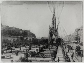 Copy of historic photograph showing view from Waverley gardens looking west also showing the Castle, National Gallery and Scott Monument