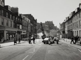 View from north, from Castle Street showing the street blocked off whilst firemen carry out their work.