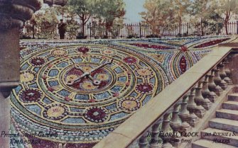 Photographic copy of a postcard.
General view of the floral clock in West Princes Street Gardens.
Titled: 'Princes Street Gardens Edinburgh', 'The Floral Clock (keeps accurate time)', 'Jas. Ritchie & Son Makers'.