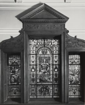 112 Princes Street, Conservative Club, interior.   Principal staircase, view of stained glass window in north wall.