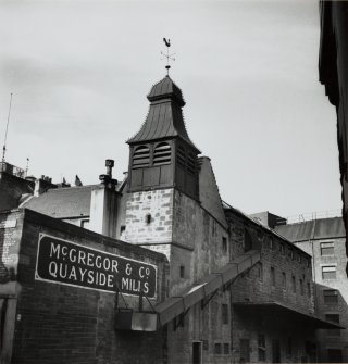 Edinburgh, Quayside Street, Quayside Mills.
Detail of the mill buildings, chute and spire.