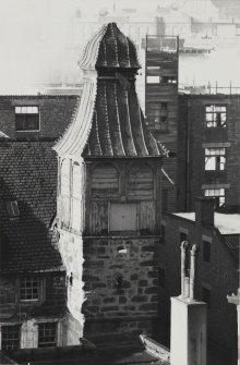Edinburgh, Quayside Street, Quayside Mills.
View of manse stair-tower and wooden steeple from South-East.