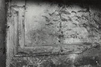 Edinburgh, Quayside Street, Quayside Mills, St. Ninian's Church.
Detail of West end of South wall. Section of cavetto moulded string-course continued over doorway as hood-mould.