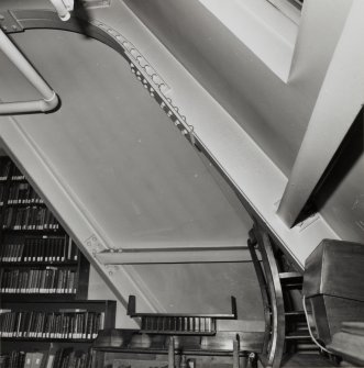 Interior, upper library extension, detail of roof structure.