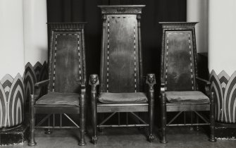 75 Queen Street, Egyptian and Royal Arch Halls; Main hall, detail of three chairs.