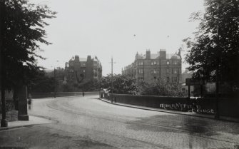 Photographic copy of a postcard.
View from NW looking toward Roseburn Terrace.
Insc: 'Murrayfield Bridge'.