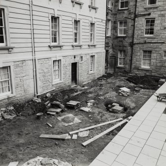 View of remains of forestair on North front of No.5 Sciennes House Place.