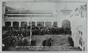 Photographic copy of a postcard.
View of Prince Arthur entering the Welcome Club.
Titled: 'Opening of the Scottish National Exhibition, Edinburgh, 1908.', 'Prince Arthur entering Welcome Club'.