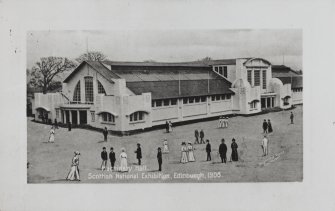 Photographic copy of a postcard.
View of Machinary Hall.
Insc: 'Machinary Hall, Scottish National Exhibition, Edinburgh, 1908', 'Valentine's Series Copyright'.