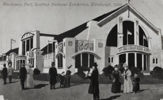 Photographic copy of postcard view of the 'Machinery Hall' pavilion at the Scottish National Exhibition, 1908'. (painting/drawing)
Inscr:'Machinery Hall, Scottish National Exibition, Edinburgh, 1908'. 
Survey of Private Collections.