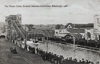 Photographic copy of postcard view of the skating rink and entrance avenue.
Inscr:'Skating Rink and Entrance Avenue, Marine Gardens, Edinburgh'.
Survey of Private Collections.