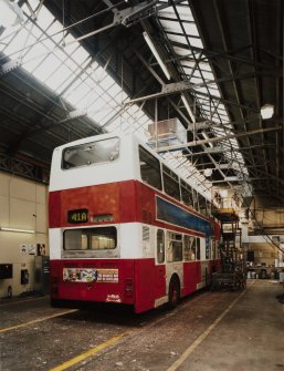 Edinburgh, Leith Walk, Shrub place, Shrubhill Tramway Workshops and Power Station
Interior view from north east within the Paint Shop showing a bus being prepared for re-painting