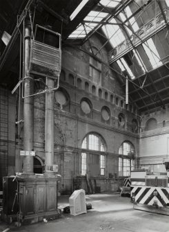 Edinburgh, Leith Walk, Shrub place, Shrubhill Tramway Workshops and Power Station
Former Tramway Power Station: Detailed view from east showing ornate internal brickwork of gable at south-west end of north-west bay, and one of four cast-iron double columns separating the two bays