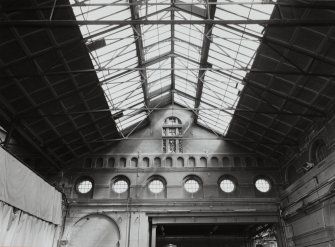 Edinburgh, Leith Walk, Shrub place, Shrubhill Tramway Workshops and Power Station
Former Tramway Power Station: Detailed view from south west showing the top of the north east gable of the south east bay, and details of the roof construction, including the ornate cast-iron brackets supporting the roof ridge