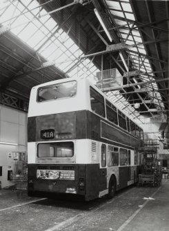 Edinburgh, Leith Walk, Shrub place, Shrubhill Tramway Workshops and Power Station
Interior view from north east within the Paint Shop showing a bus being prepared for re-painting