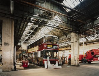 Edinburgh, Leith Walk, Shrub place, Shrubhill Tramway Workshops and Power Station
Interior view from east within Body Shop showing aluminium panels being replaced on a bus