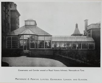 Ex. Scotland, Newcastle-on-Tyne, Royal Victoria Infirmary.
Photographic copy of historic photograph of conservatory and corridor.