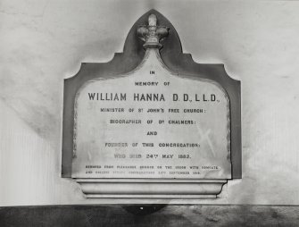 Edinburgh, South College Street, College Street United Presbyterian Church, interior.
View of Wall tablet dedicated in memory of William Hanna.