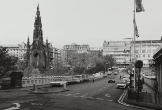 View of Waverley Bridge from south, also showing Scott Monument and part of Princes Street