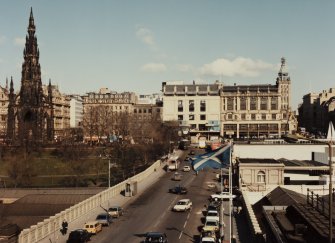 General view of Waverley Bridge from south also showing Scott Monument and part of Princes Street