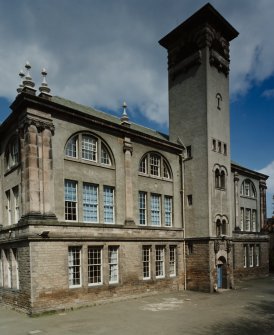 Edinburgh, Boroughmuir High School.
General view of South Facade and Tower from south-West.