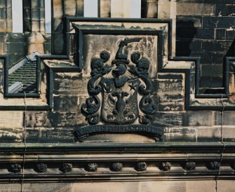 Detail of armorial panel on west face of south east tower