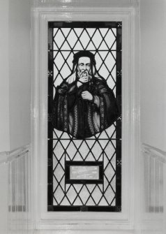 Interior, 1st floor, main tower, detail of stained glass (originally in chapel