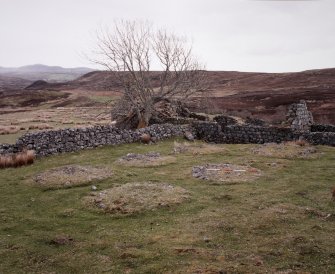 Grumby farmstead: view from NW corner of stackyard to N of main range, with detail of stack stands