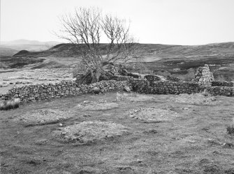 Grumby farmstead: view from NW corner of stackyard to N of main range, with detail of stack stands