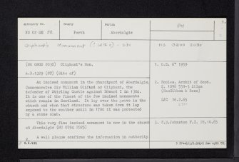 Aberdalgie, Oliphant's Monument, NO02SE 22, page number 1, Ordnance Survey index card, Recto