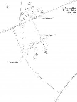 Scanned image of rock art panel sketch, Scotland's Rock Art Project, Drumtroddan, general location sketch with site numbers, Dumfries and Galloway