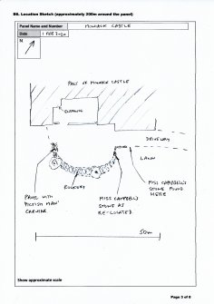 Scanned image of rock art location sketch, from Scotland's Rock Art Project, Moniack Castle, Highland