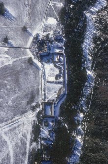 Aerial view of Mar Lodge and surrounding buildings in the snow.