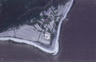 Oblique aerial view centred on the lighthouse, cottages and foghorn, taken from the ESE.