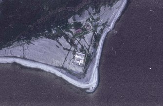 Oblique aerial view centred on the lighthouse, cottages and foghorn, taken from the ESE.