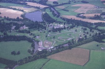Oblique aerial view of Blairdrummond centred on the African Safari Park with the country house and estate adjacent, taken from the SSE.