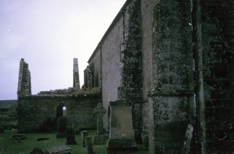 View of side wall of abbey showing buttresses
