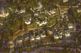 Oblique aerial view centred on Inveresk Gate, church and burial-ground, taken from the SSW.