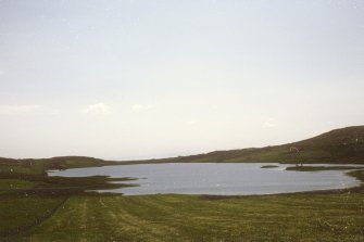 Finlaggan Castle, Islay.
General view of loch and castle from North East.