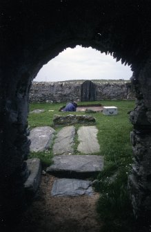 Excavation of cross-base, Kilnave Church, Kilnave.
View from interior through doorway towards West.
