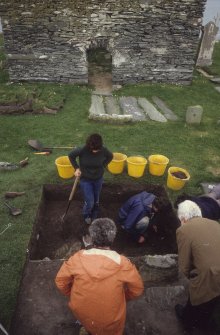 Excavation of cross-base, Kilnave Church, Kilnave.
View of xcavation from West.