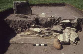 Excavation of cross-base, Kilnave Church, Kilnave.
View of excavation from the East showing human skull.